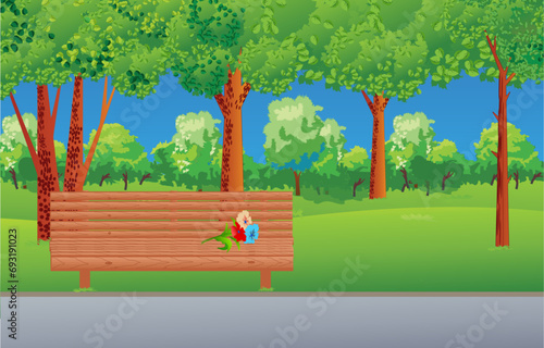 A view of a bench in a park with a bouquet of flowers forgotten on it. Vector illustration.