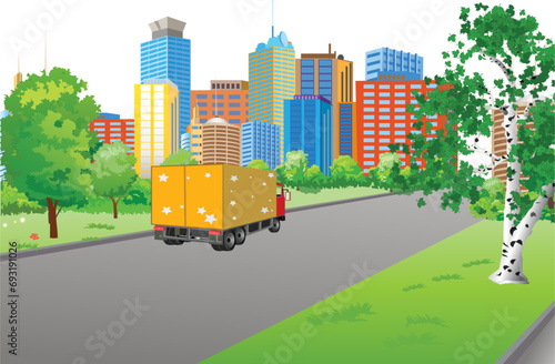 Beautiful view of a modern city main street with a truck and a nice birch tree in foreground. Vector illustration.