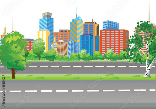 Vector illustration representing the main street view of a modern city with trees and high buildings. photo