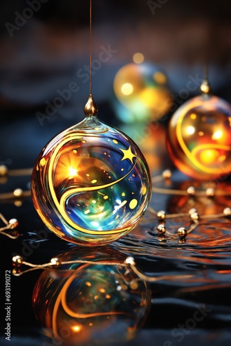 colorful glass toy balls with lights, decorations for Christmas or New Year holidays,