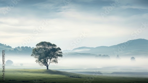  a lone tree in the middle of a foggy field with hills and trees in the distance in the distance, in the foreground is a foggy sky.