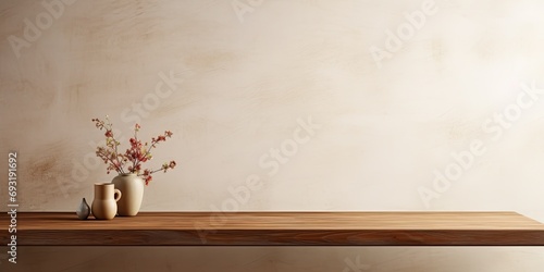 Neutral-toned wall and wooden table backdrop.