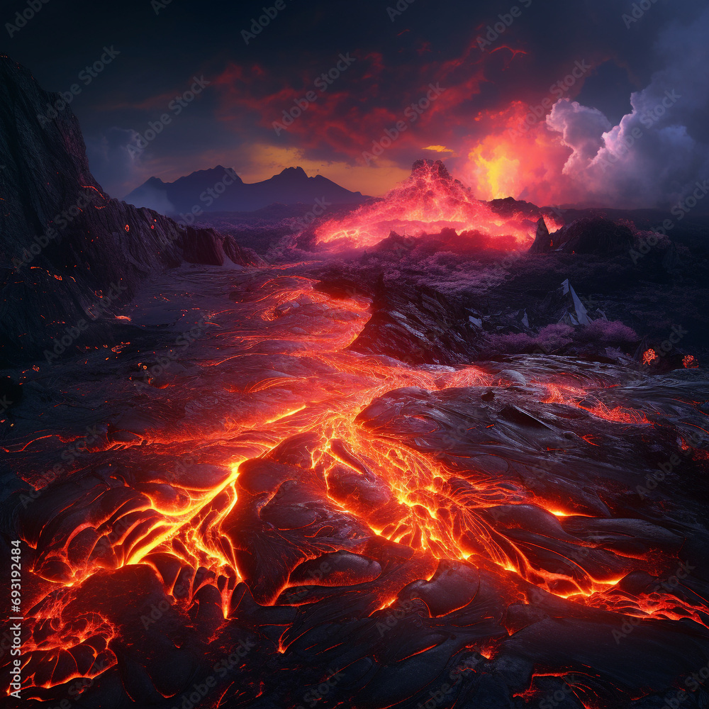 background illustration of erupting volcano and mountain lava, lava