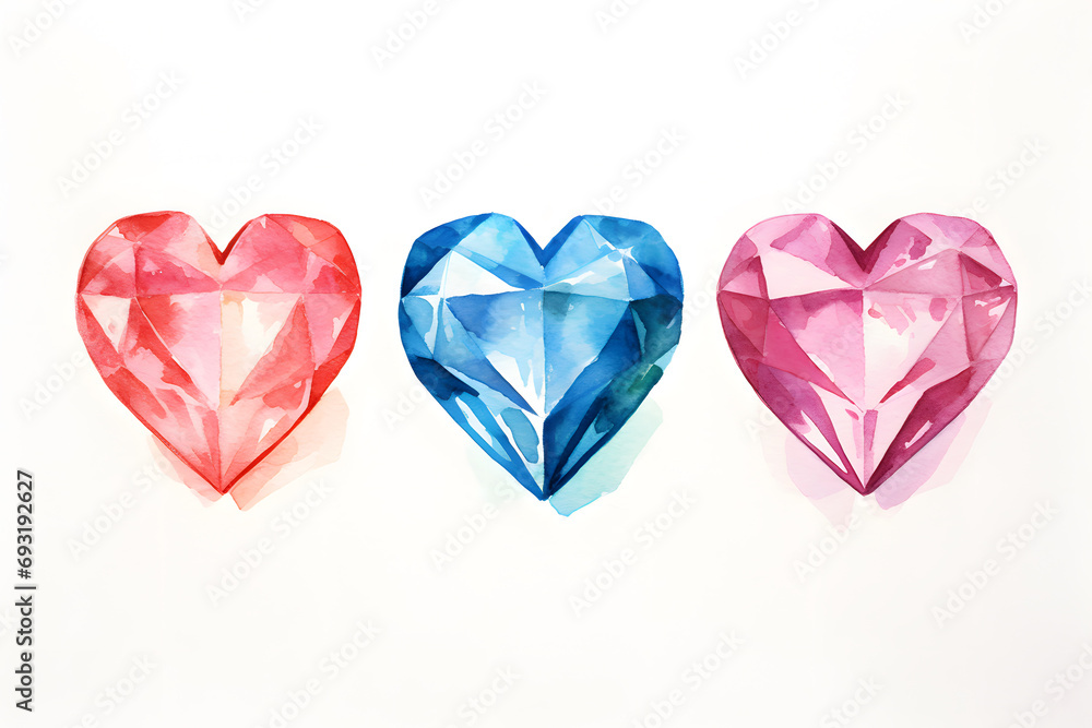 Heart shaped Diamond gem watercolor illustration isolated on white background Heart shaped Diamond gem watercolor illustration isolated on white background