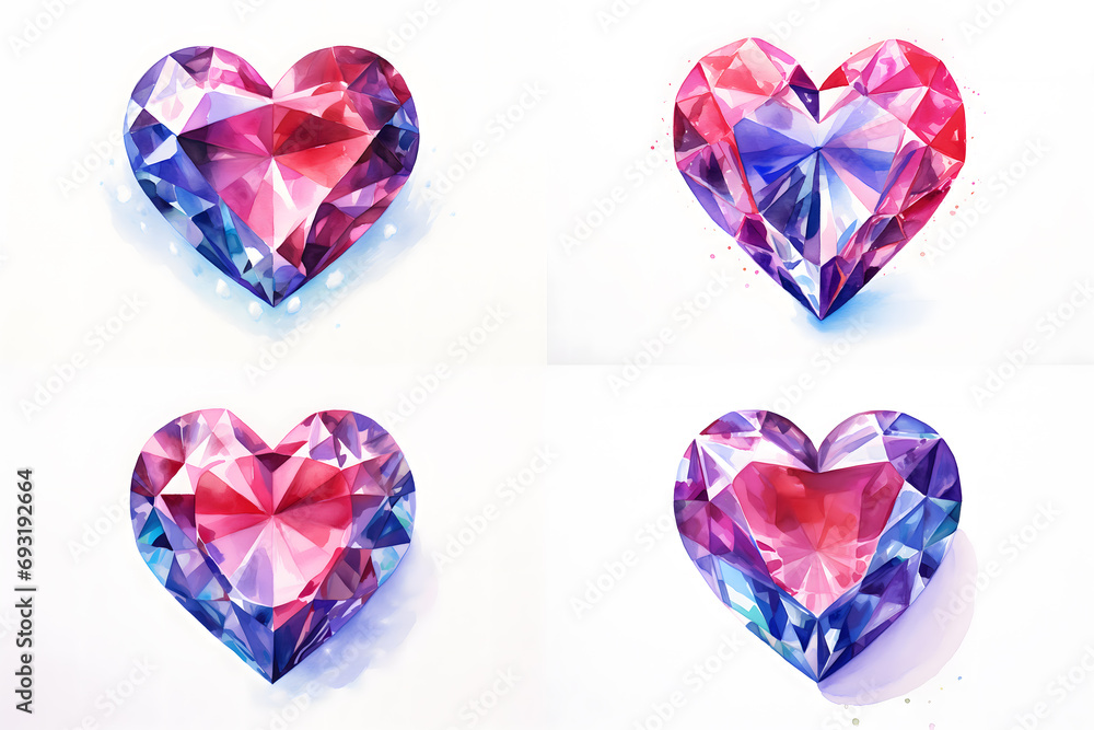 Fototapeta premium Heart shaped Diamond gem watercolor illustration isolated on white background