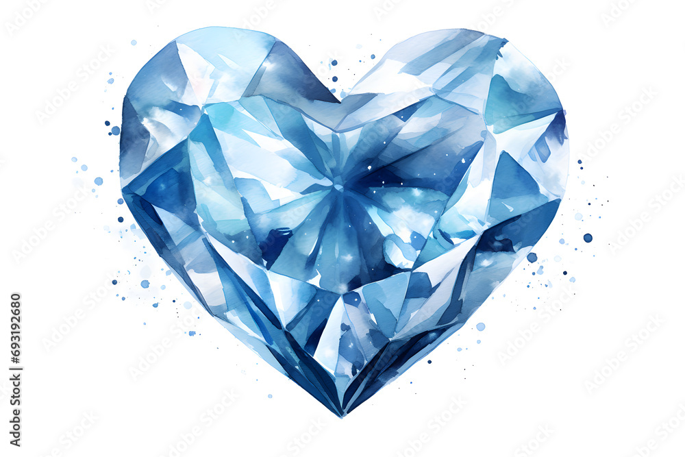Fototapeta premium Heart shaped Diamond gem watercolor illustration isolated on white background