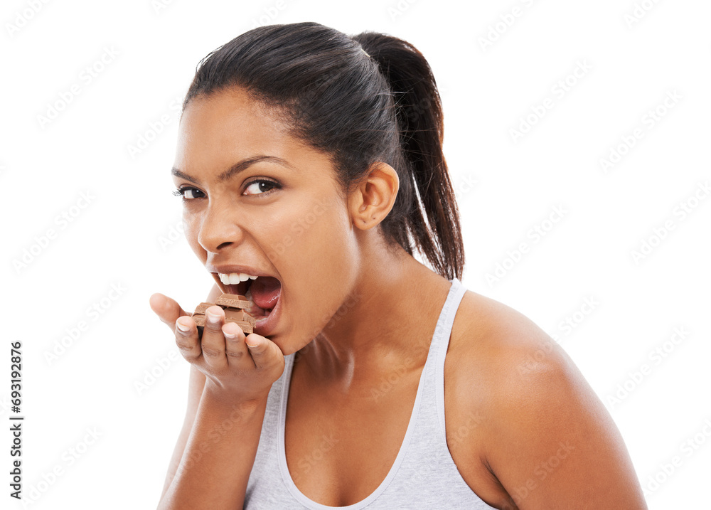 Portrait, diet and woman with chocolate, eating and wellness isolated on a white studio background. Face, person and model with candy, hungry and unhealthy snack with mockup space, nutrition and food Portrait, diet and woman with chocolate, eating and wellness isolated on a white studio background. Face, person and model with candy, hungry and unhealthy snack with mockup space, nutrition and food