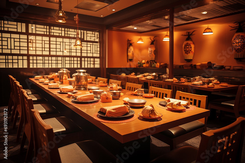 Traditional Korean Indoor Table Setting in Modern Restaurant