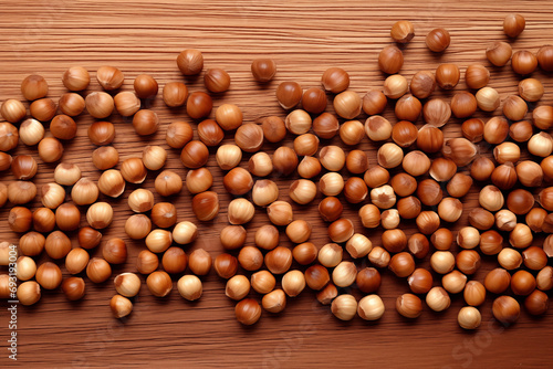 overhead view of hazelnuts on wooden table, food, flat lay, ai-generated image