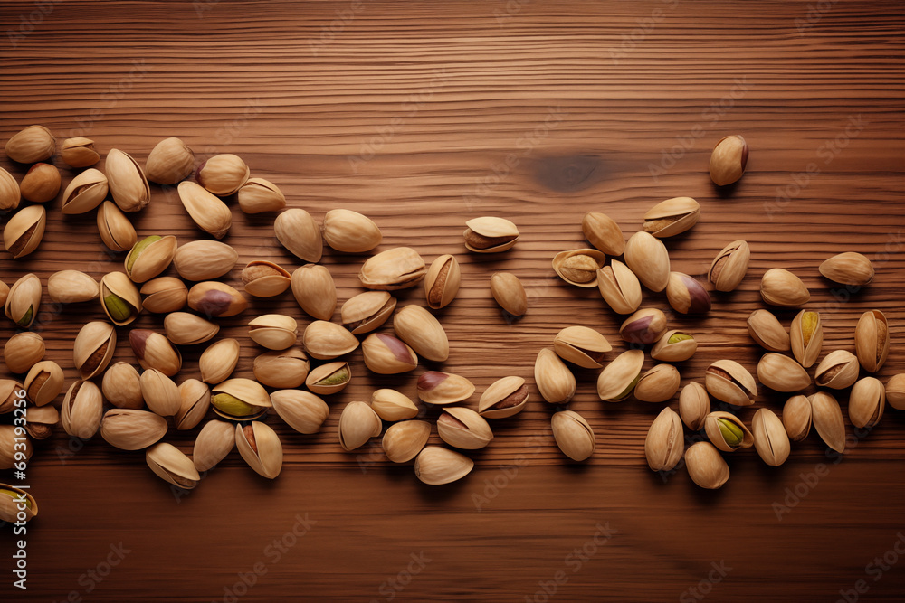 overhead view of pistachios on wooden table, food, flat lay, ai-generated image overhead view of pistachios on wooden table, food, flat lay, ai-generated image
