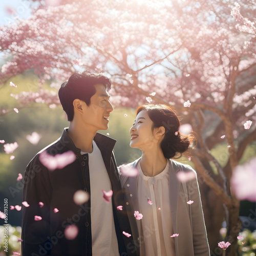 Young Asian Couple in a Springtime Garden AI Photo