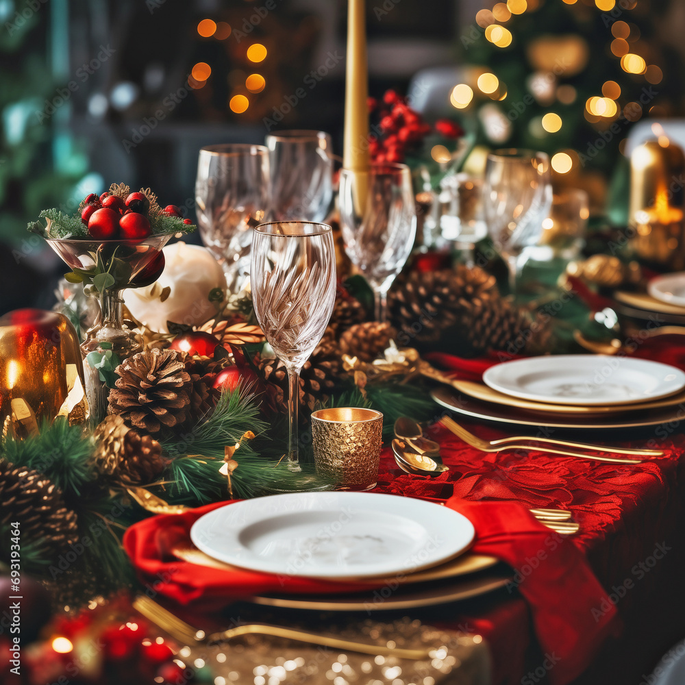 Christmas background of an elegant decorative table place setting for a dinner celebration with room for text or copy space.