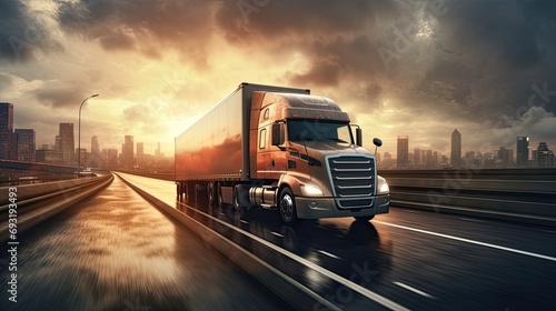 a long vehicle trailer truck on a highway, enhanced by a motion blur effect, conveys the speed and movement of the truck, providing a realistic depiction of the bustling activity on the road. © lililia