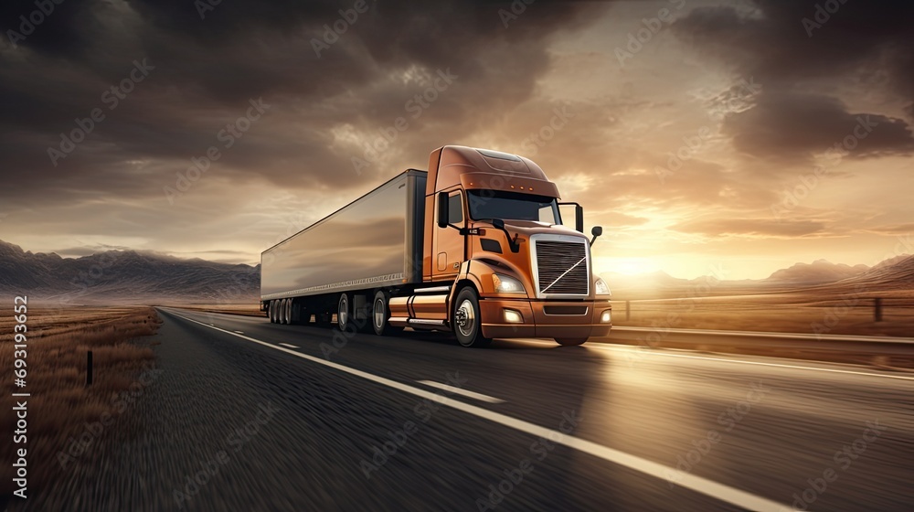 a long vehicle trailer truck on a highway, enhanced by a motion blur effect, conveys the speed and movement of the truck, providing a realistic depiction of the bustling activity on the road.