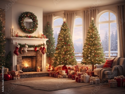 Cozy Christmas Fireplace: A tranquil living room adorned with a festively decorated Christmas tree, stockings hung by the fireplace, and a warm glow emanating from crackling logs.