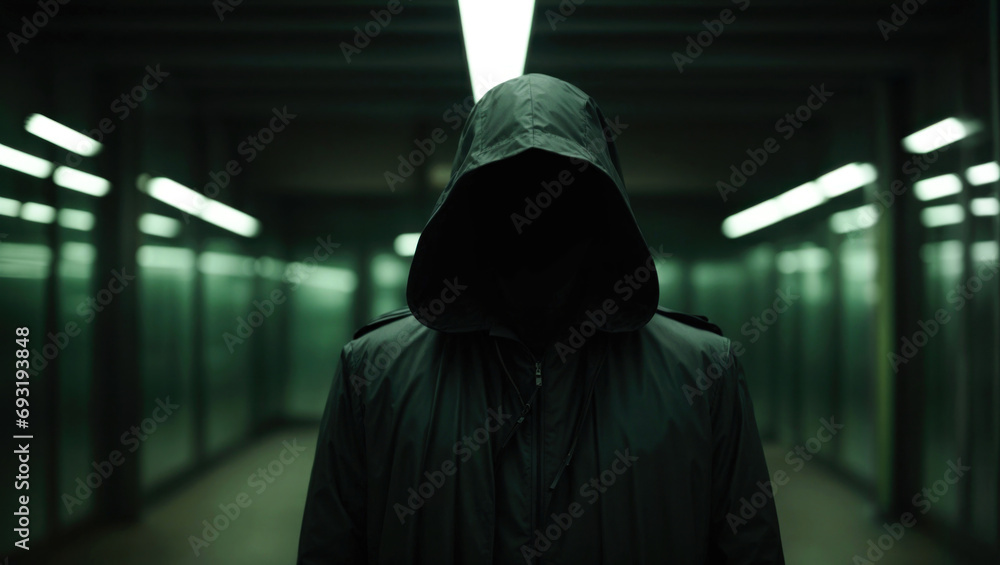 Mystery hacker dark silhouette. Anonymous person in hood stand in dark room. Incognito criminal character. Hooded bad man, generated by AI - obrazy, fototapety, plakaty 