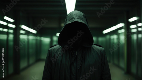 Mystery hacker dark silhouette. Anonymous person in hood stand in dark room. Incognito criminal character. Hooded bad man, generated by AI photo