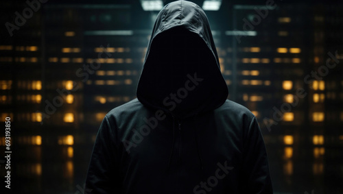 Hacker face portrait, blurred server room. Anonymous web spy dark silhouette. Mysterious big data thief. Internet server security banner. Stolen data on the internet. Generated by AI