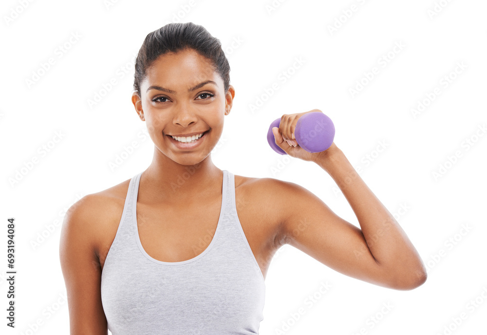 Woman, portrait and dumbbell for fitness in studio with workout, training and wellness. Weights, female person and athlete with iron, arm muscle and health with white background, exercise and smile Woman, portrait and dumbbell for fitness in studio with workout, training and wellness. Weights, female person and athlete with iron, arm muscle and health with white background, exercise and smile