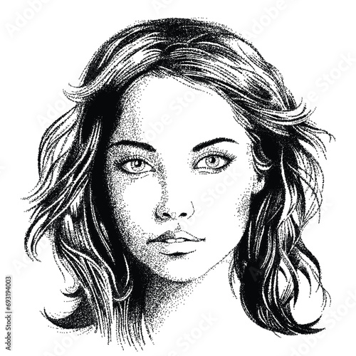 Vector portrait of a fashionable young beautiful girl with tousled hair. Vector dotted black and white female portrait.