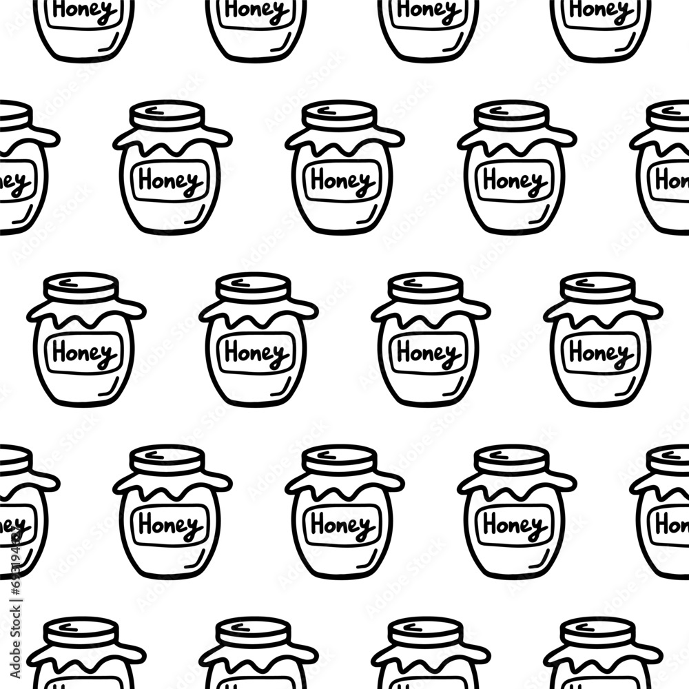 Jar of honey seamless pattern. Doodle pattern with jar of honey isolated on white. Jar of honey wrapper, wallpaper for caffe or restaurant decoration menu. Hand drawn Bee Honey outline coloring page