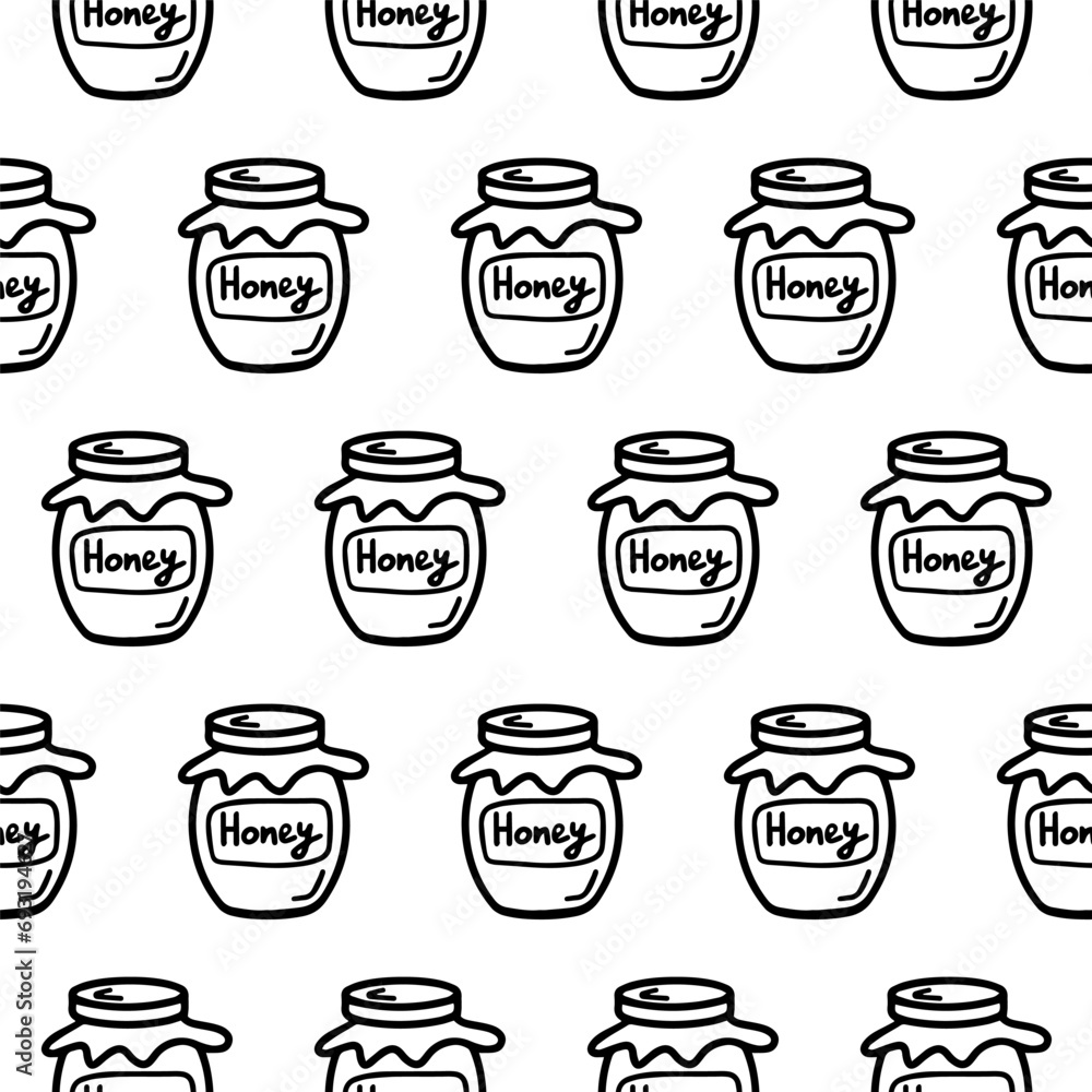 Jar of honey seamless pattern. Doodle pattern with jar of honey isolated on white. Jar of honey wrapper, wallpaper for caffe or restaurant decoration menu. Hand drawn Bee Honey outline coloring page Jar of honey seamless pattern. Doodle pattern with jar of honey isolated on white. Jar of honey wrapper, wallpaper for caffe or restaurant decoration menu. Hand drawn Bee Honey outline coloring page
