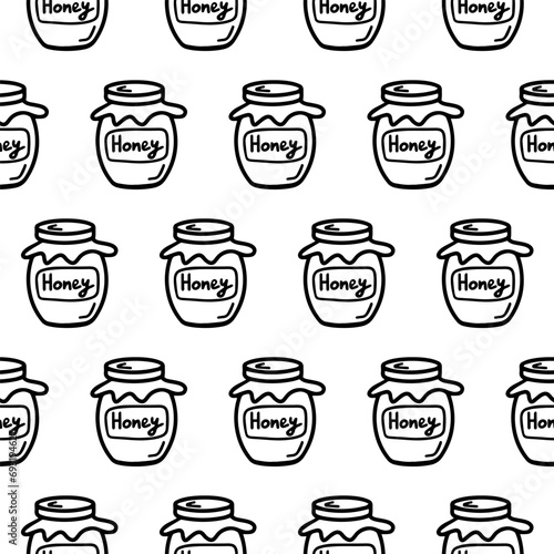 Jar of honey seamless pattern. Doodle pattern with jar of honey isolated on white. Jar of honey wrapper, wallpaper for caffe or restaurant decoration menu. Hand drawn Bee Honey outline coloring page