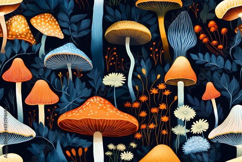 Mushrooms seamless pattern illustration