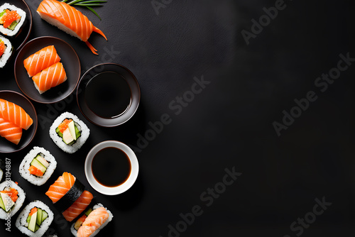 sushi and maki with soy sauce over black background - top view photo