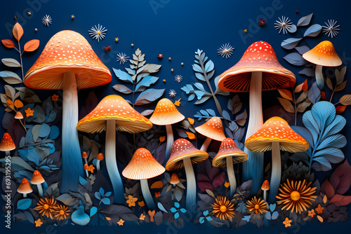 Bunsh of magic mushrooms in forest illustration photo