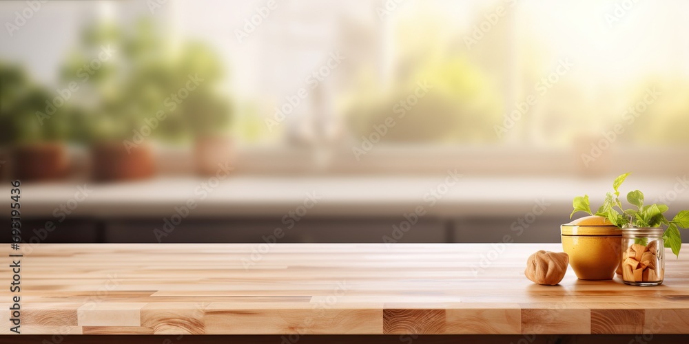 Wooden table top with blurred kitchen interior in morning background for product display or visual design layout.