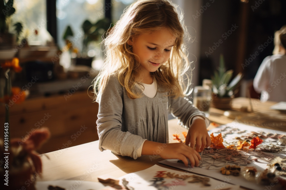 Fototapeta premium Young Girl Engaged in Autumn Crafts with Leaves Indoors 