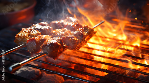 Grilling shashlik on barbecue grill. Kebab on the grill
