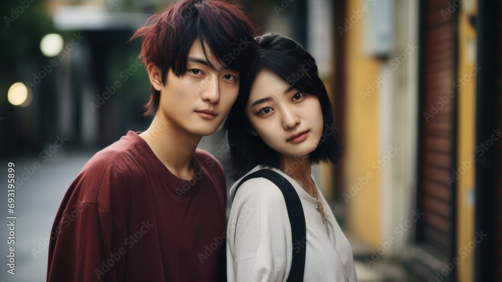 Young asian couple. Trendy girl and boy together. Bokeh background. Young asian couple. Trendy girl and boy together. Bokeh background.