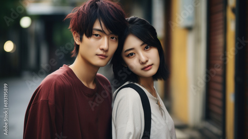 Young asian couple. Trendy girl and boy together. Bokeh background.