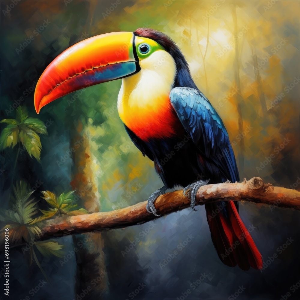 A stunningly beautiful toucan perches on a branch A stunningly beautiful toucan perches on a branch