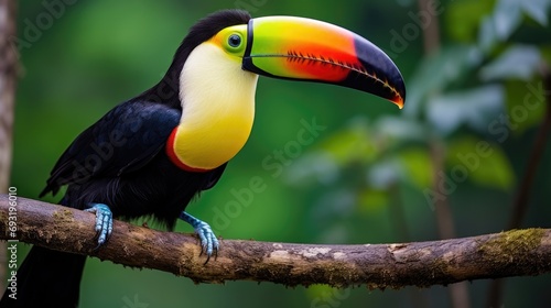 A stunningly beautiful toucan perches on a branch © ArtCookStudio