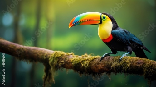 A stunningly beautiful toucan perches on a branch © ArtCookStudio