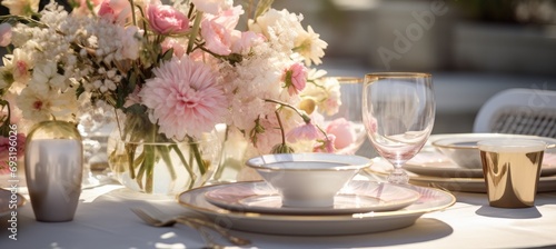 a table setting with pink and white flowers, silverware and champagne glasses