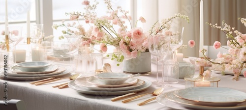 a table setting with pink and white flowers, silverware and champagne glasses