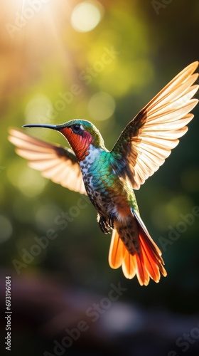 A vibrant hummingbird hovering in mid-air, its iridescent feathers glinting in the sunlight © ArtCookStudio