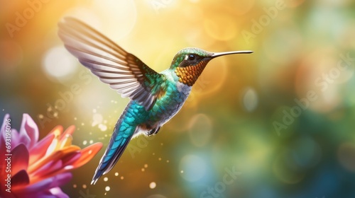 A vibrant hummingbird hovering in mid-air, its iridescent feathers glinting in the sunlight