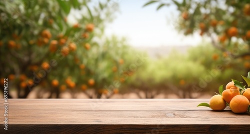 a wooden table in an orange orchard