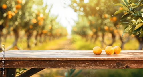a wooden table in an orange orchard photo