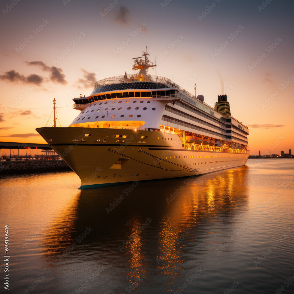 An evocative shot of a cruise ship departing from port at sunset