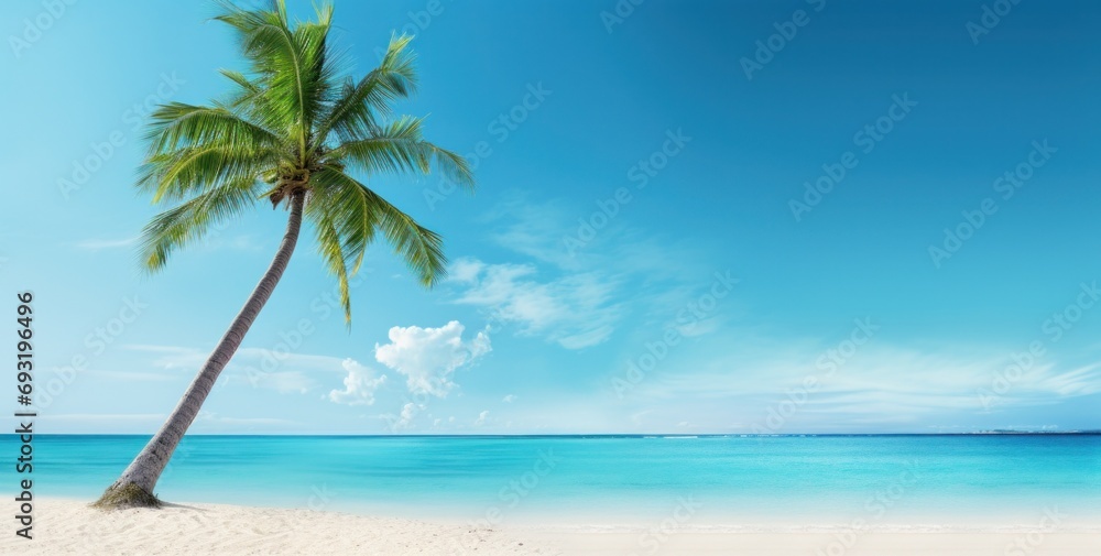 an image of a palm tree on a white sandy beach - obrazy, fototapety, plakaty 