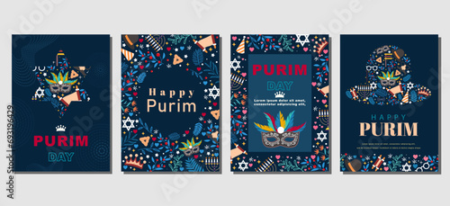 Elegant purim day Set of greeting cards, posters, holiday covers. vector illustration