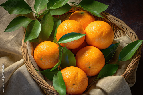 Fresh orange fruits with leaves in basket. Harvest of organic freshly picked oranges. Top view