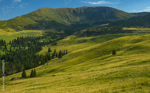 A summer sunset over the alpine grasslands of Rodna Mountains. Carpathia, Romania. Below the alpine pastures, coniferous forests grow at the feet of the mountain peaks.