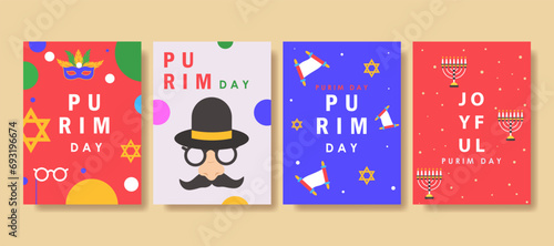 Elegant purim day Set of greeting cards, posters, holiday covers. vector illustration